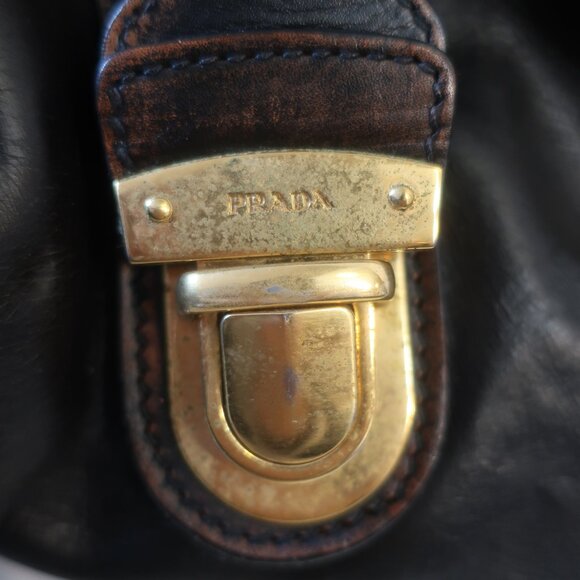 AUTHENTIC Prada Vitello Bowler Black Brown Serial No. 25 Leather Satchel Handbag - Picture 5 of 16